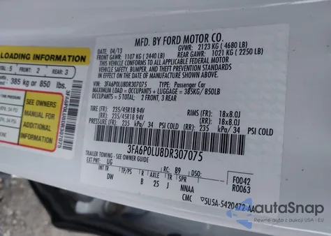 2013 Ford Fusion Hybrid Se from USA, damaged, VIN 3FA6P0LU8DR307075